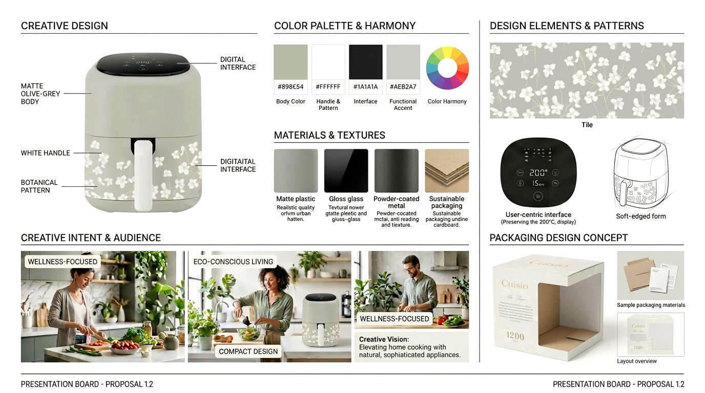 Cuisio mood board — creative design, color palette, materials, patterns, packaging concept